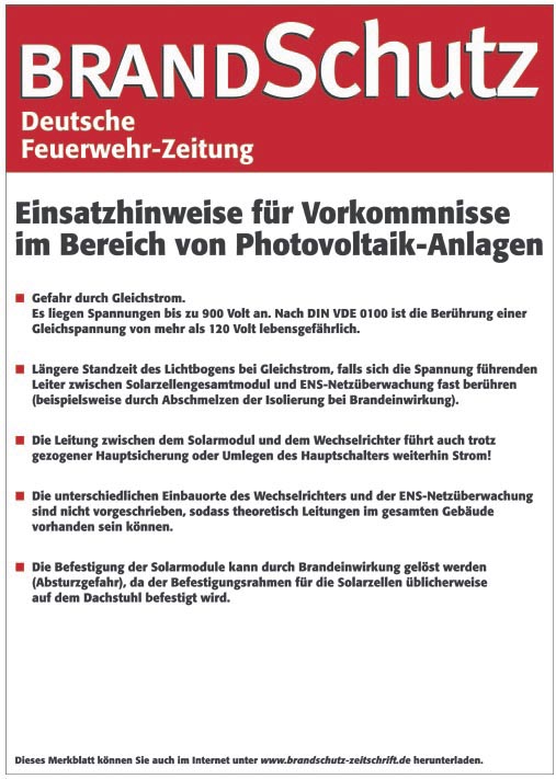Brandschutz - Einsatzhinweise f&uuml;r Vorkommnisse im Bereich von Photovoltaik-Anlagen