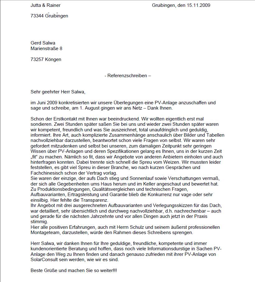 Referenzschreiben Solarconsult Photovoltaikanlage Gruibingen an H. Salwa