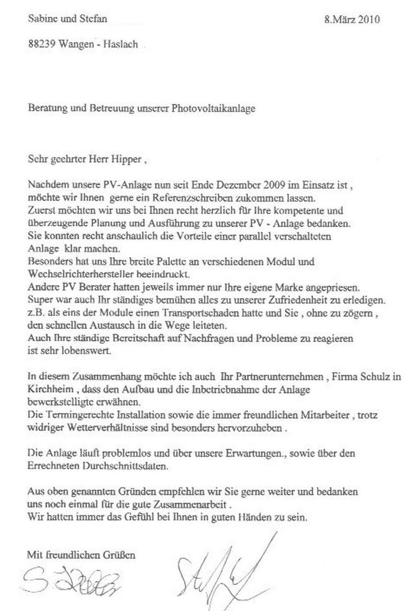 Referenzschreiben Armin Hipper Solarconsult AG
